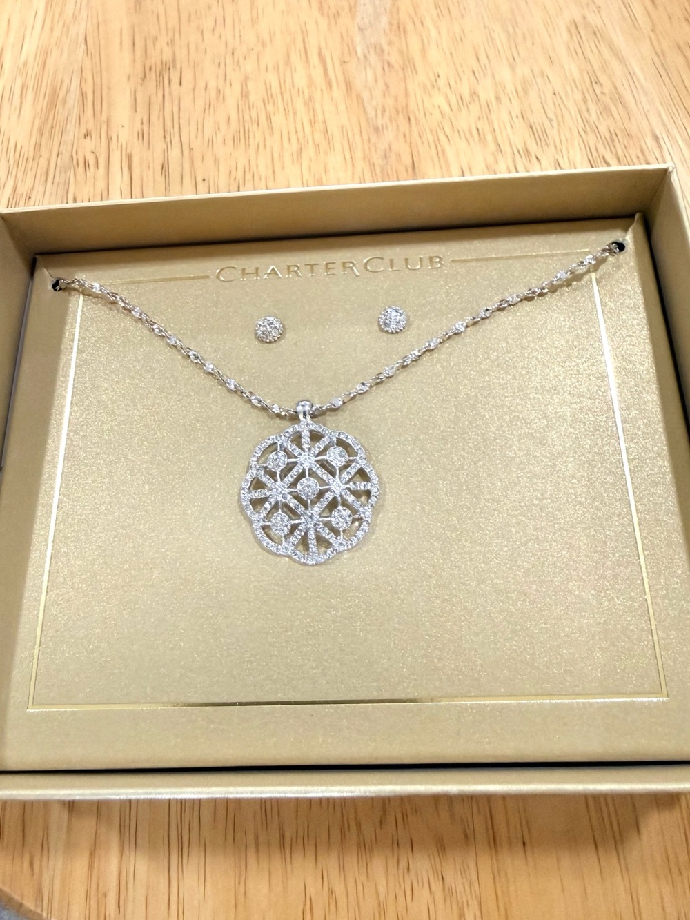 NWT Charter Club Silver Filigree Crystal Pendant Necklace with Stud Earrings